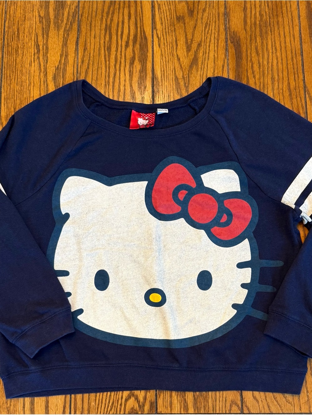 Hello Kitty Sanrio Navy Graphic Sweatshirt Striped Sleeves Y2K Size M